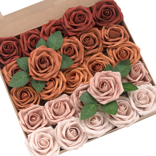Lings Moment Artificial Flowers 25Pcs 3" Roses in Amber Shades Realistic DIY Foam Floral Decor for Wedding Bouquets/Centerpieces Outdoor Party Backdrops Room/Table and Garden/Pot Decorations