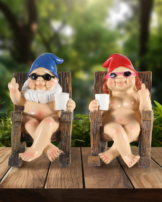 iStatue Funny Gnomes in Rocking Chair - 2 Pack Resin Middle Finger Decor Collectible Naked Gnome Figurines - Naughty Gifts for Garden Home and Office