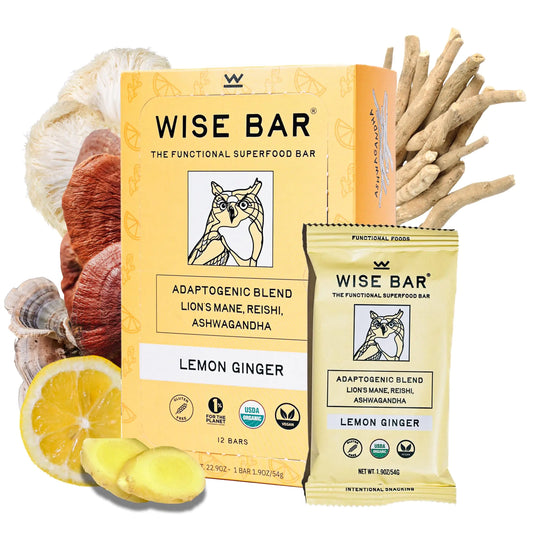 Wise Bar Adaptogen Mushroom Nutrition Bars | Lemon Ginger Flavor | 12 Count | Functional Mushrooms and Adaptogens Bar | Organic Nutrition Energy Bars Vegan Gluten Free