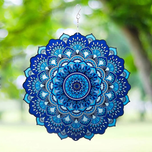 Wind Spinner Yard Art Garden Decor 3D Stainless Steel Metal Sculptures Kinetic Hanging Whirligigs Blue Mandala Decorations Backyard Outside Indoor Outdoor Patio Ornaments Clearance Windmill