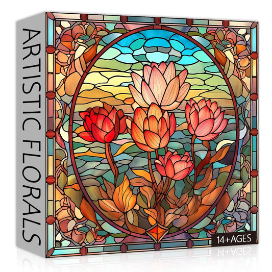 PICKFORU Stained Glass Flower Puzzles for Adults 1000 Pieces Vintage Art Puzzles Floral Impossible Hard Challenging Puzzles for Adults Colorful Stained Glass Jigsaw Puzzle
